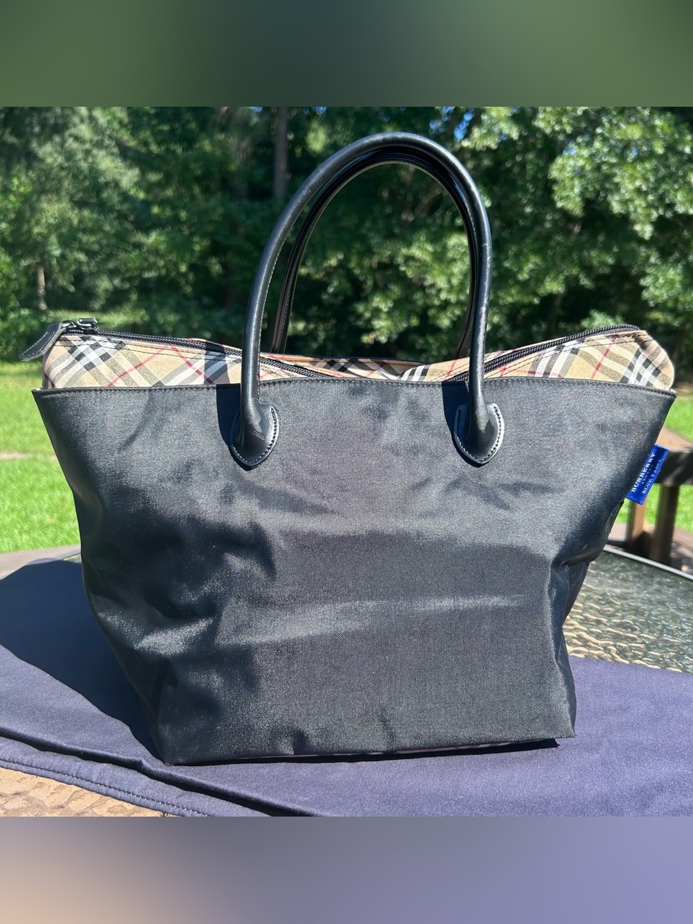 Burberry Blue Label Tote Bag Bottom Nova Check Nylon Leather Black Authentic
